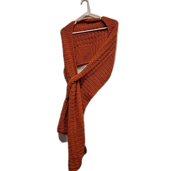 Handmade crocheted scarf, burnt orange color, with opening to secure scarf, 93" - Picture 5 of 8
